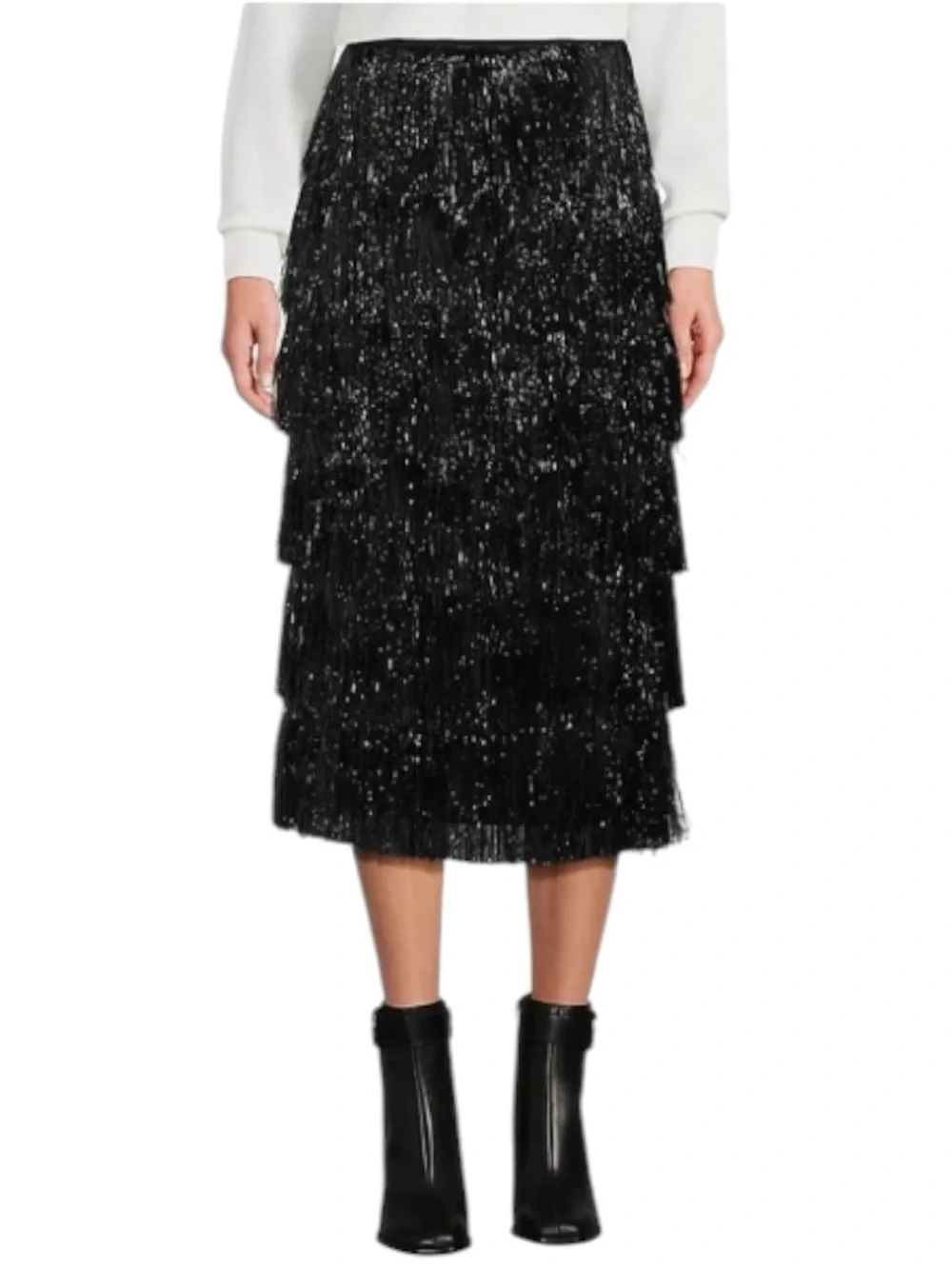 Antonio Melani Yara Fringe Midi Skirt NWT Size 6 Black Metallic Tiered Shimmer